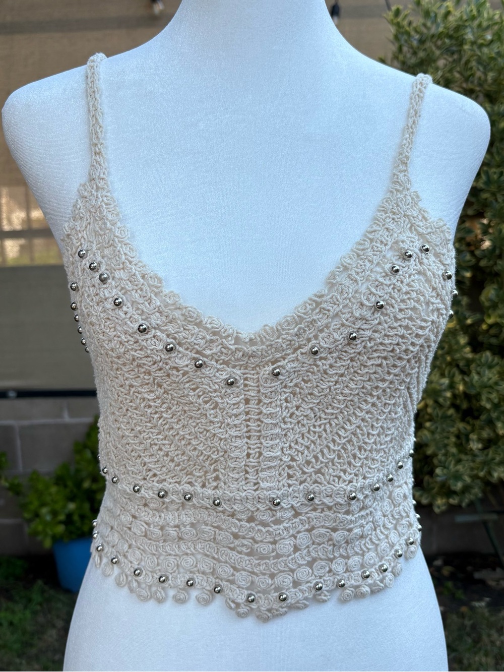 Rebellion Again Crochet Studded Tank Top Cream Boho Size L